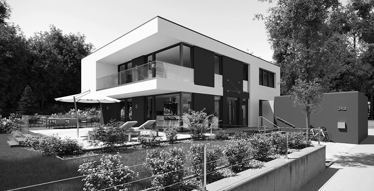 Feldmann Architekturobjekt – Edelstahl, Aluminium und Glas am Gebäude