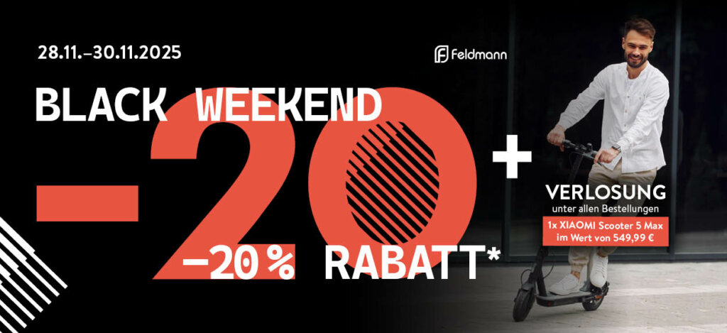 Sichern Sie sich am gesamten Wochenende 20% Rabatt auf Ihre Bestellungen im Feldmann-Onlineshop!